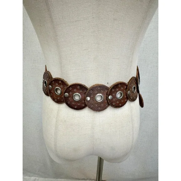 Western boho leather Disc Concho Belt Brown silver grommets SML/MED adjustable - Picture 6 of 16